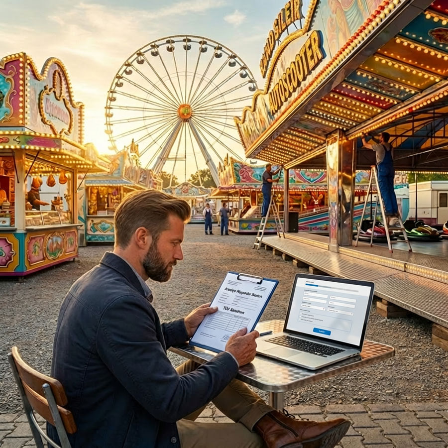 Ein beispielhafter Schausteller sitzt an einem Tisch und sortiert die Unterlagen für eine Anzeige fliegender Bauten beim Bauaufsichtsamt Dresden