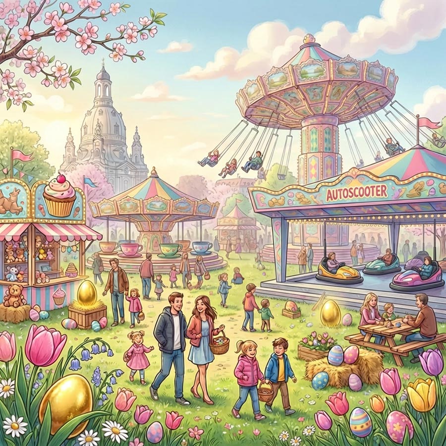 Eine Illustration zur großen Ostereiersuche auf dem Volksfest