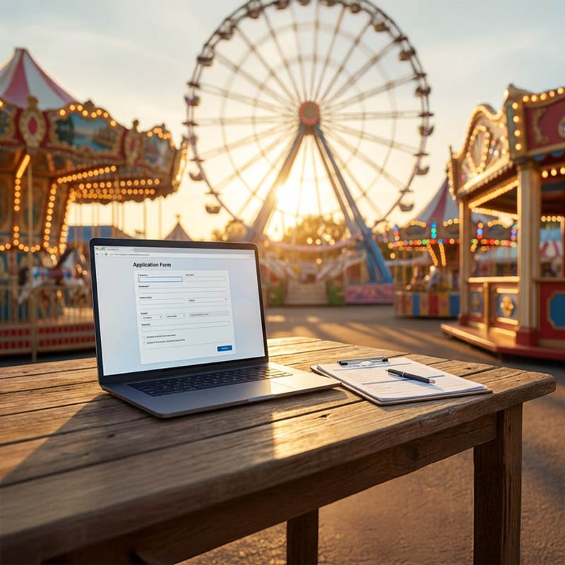 Auf einem rustikalen Holztisch steht ein aufgeklappter Laptop mit einem Anmeldeformular für Schausteller. Im Hintergrund ist eine Folksfestszene.