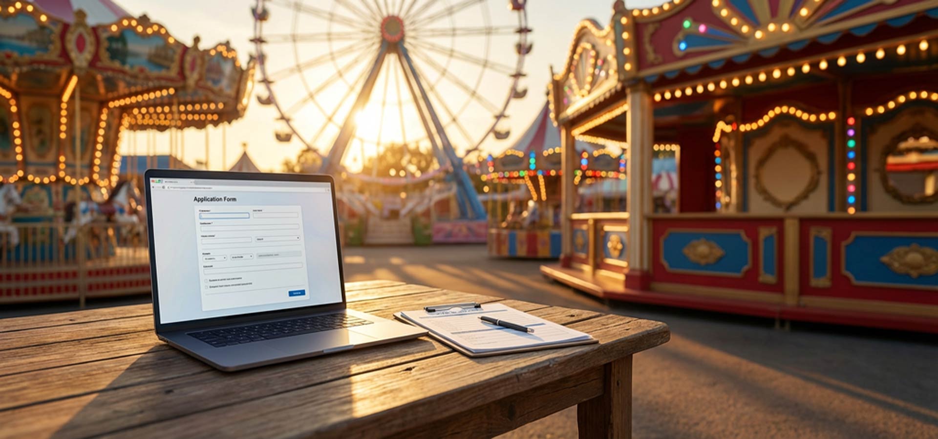 Auf einem rustikalen Holztisch steht ein aufgeklappter Laptop mit einem Anmeldeformular für Schausteller. Im Hintergrund ist eine Folksfestszene.