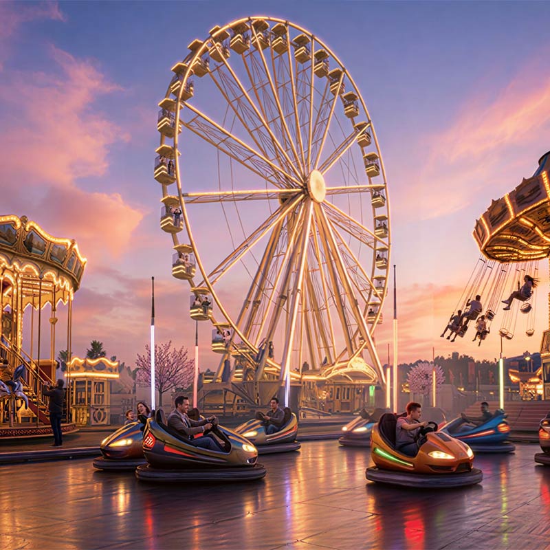 Ein farbenfroher Rummel zur Frühlingszeit im farbigen Sonnenuntergang