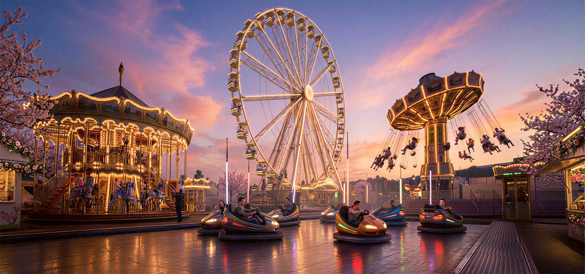 Ein farbenfroher Rummel zur Frühlingszeit im farbigen Sonnenuntergang