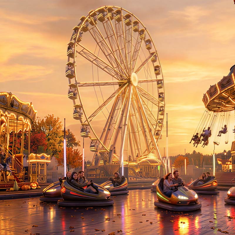 Ein farbenfroher Rummel zur Herbst- und Halloweenzeit im farbigen Sonnenuntergang