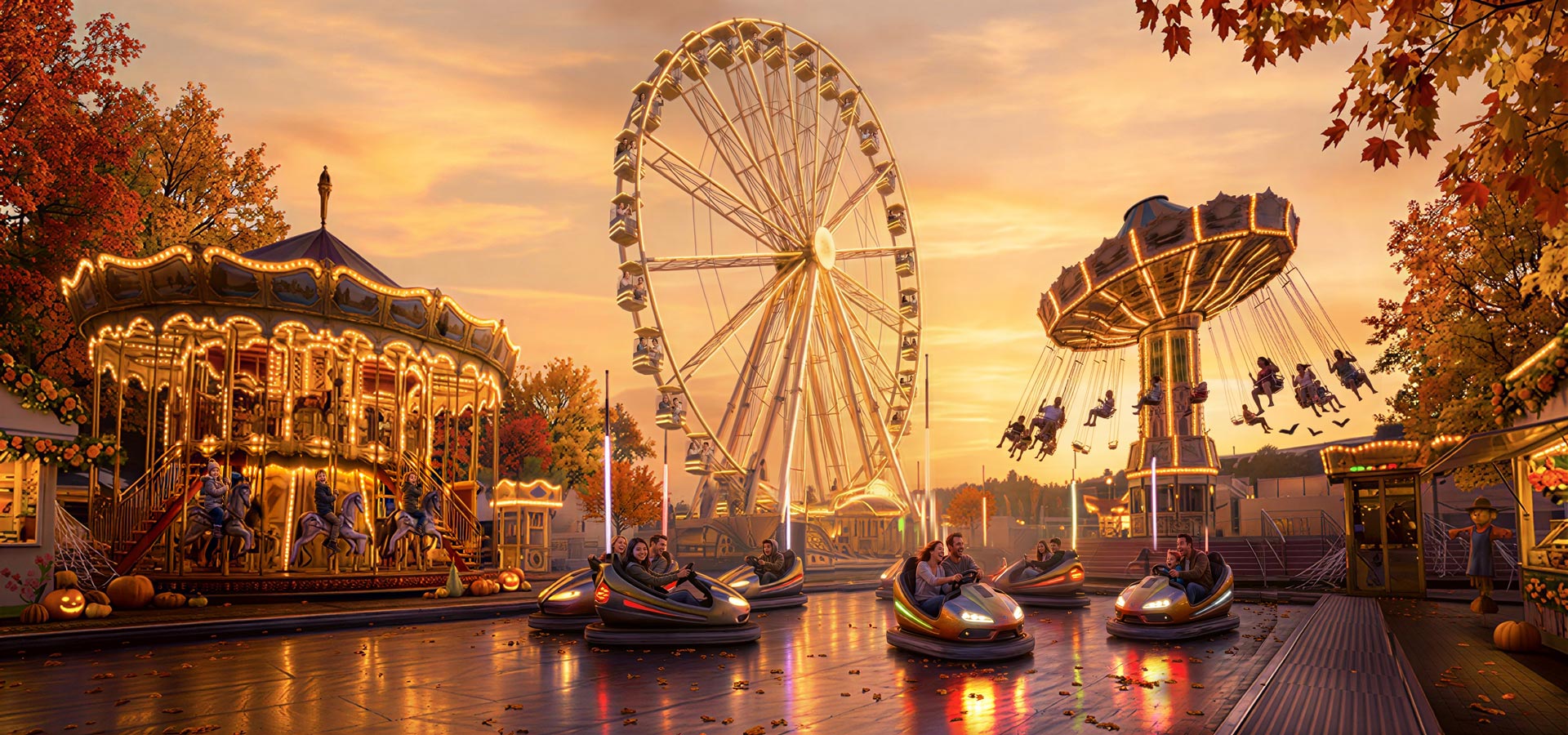 Ein farbenfroher Rummel zur Herbst- und Halloweenzeit im farbigen Sonnenuntergang