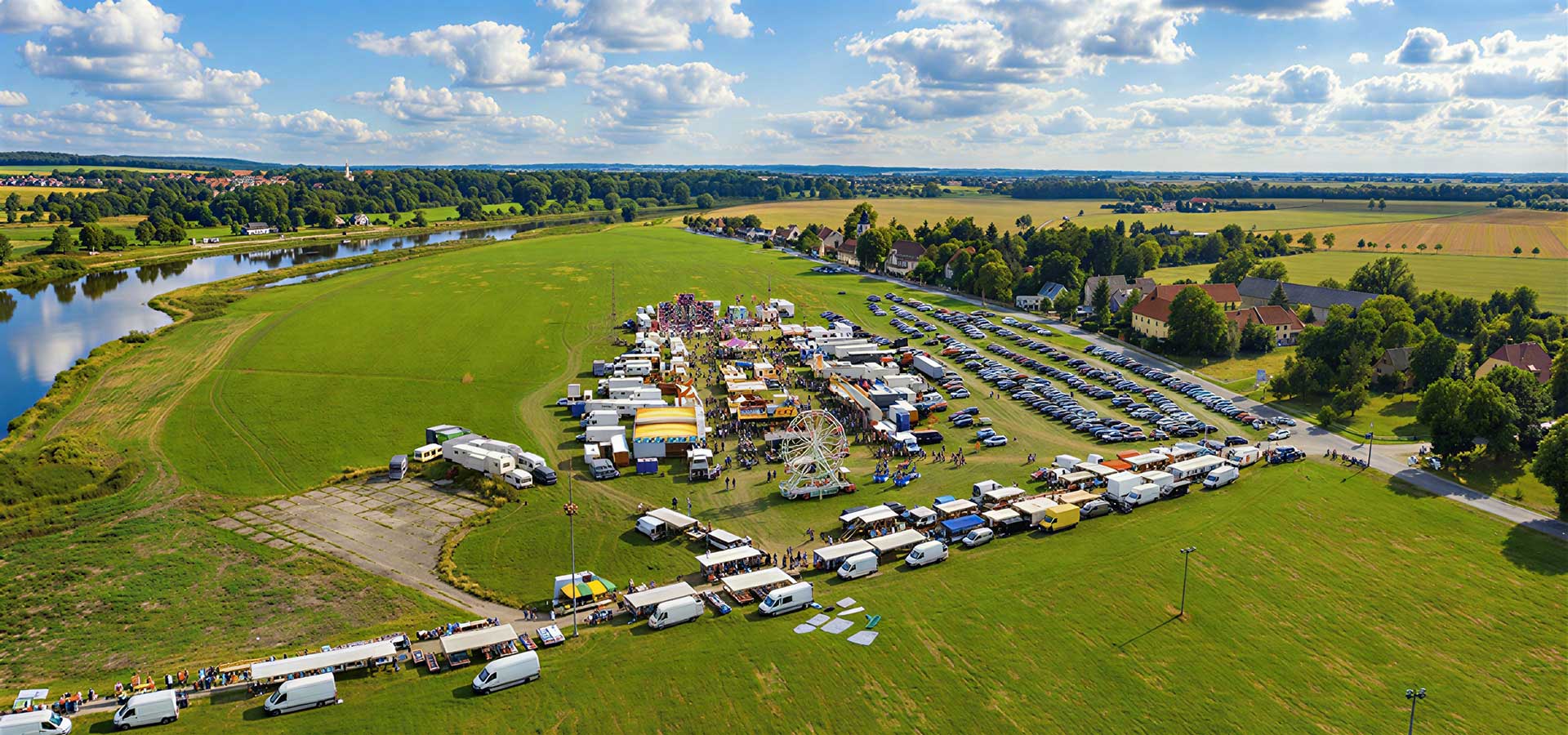 Ein Drohnenfoto mit Blick auf das bunte Treiben zum Lorenzmarkt in Lorenzkirch bei Riesa an der Elbe