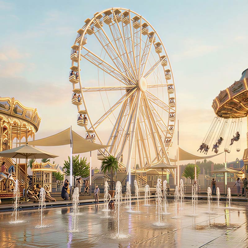 Ein farbenfroher Rummel zur Frühlingszeit im farbigen Sonnenuntergang