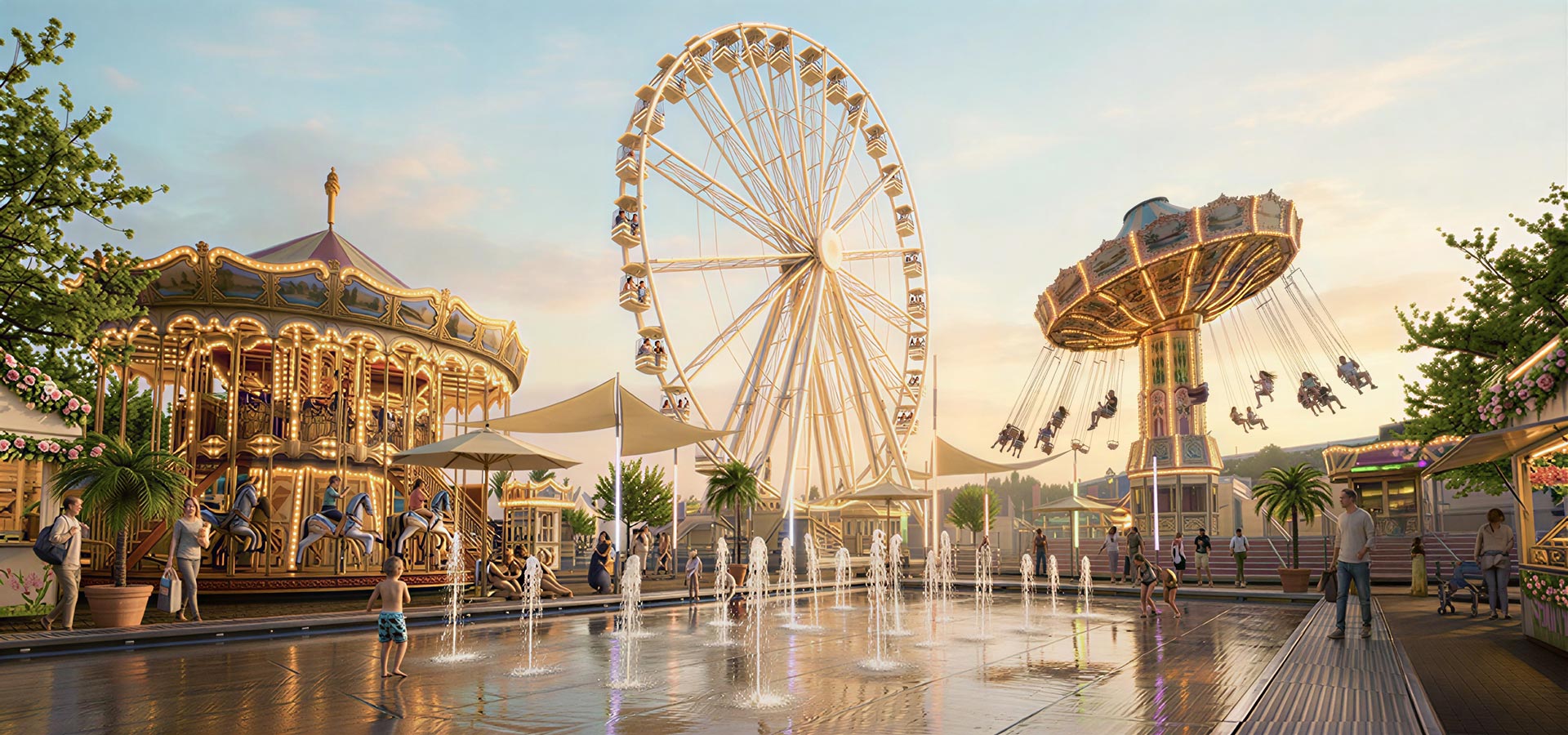 Ein farbenfroher Rummel zur Frühlingszeit im farbigen Sonnenuntergang