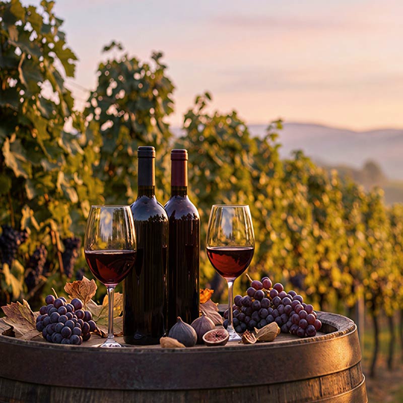 Zwei Flaschen Rotwein stehen mit zwei gefüllten Gläsern auf einem Fass in einem Weinberg bei goldenem Sonnenlicht