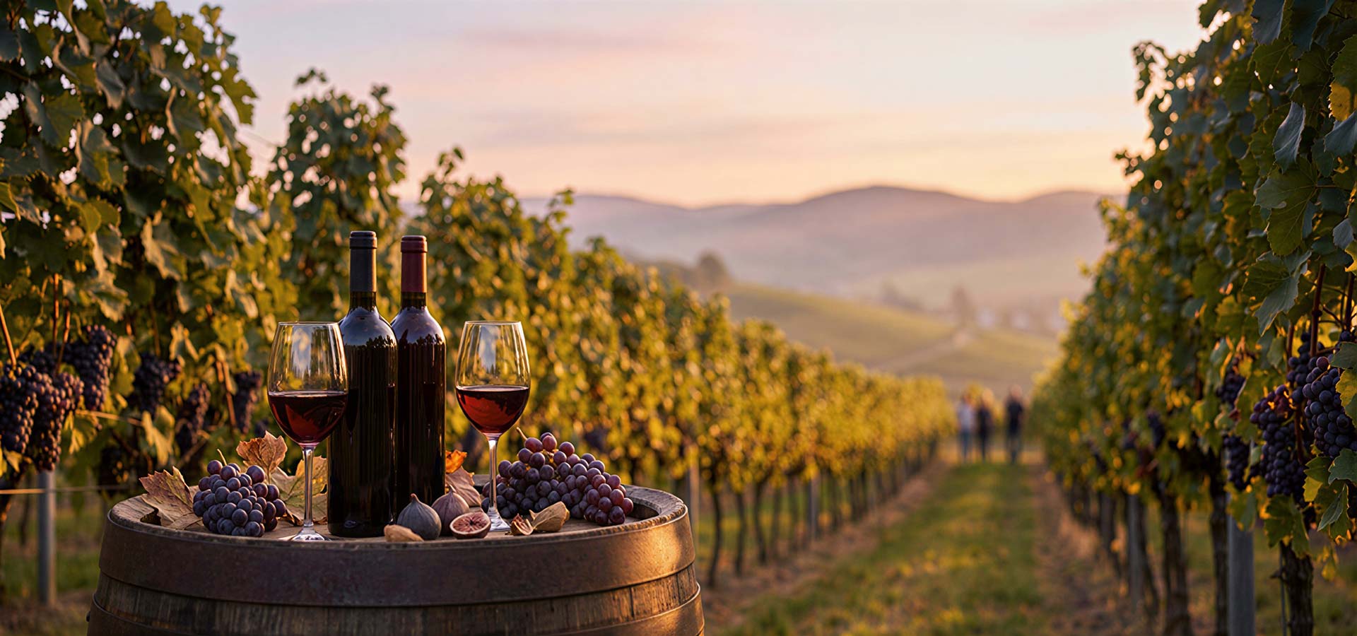 Zwei Flaschen Rotwein stehen mit zwei gefüllten Gläsern auf einem Fass in einem Weinberg bei goldenem Sonnenlicht