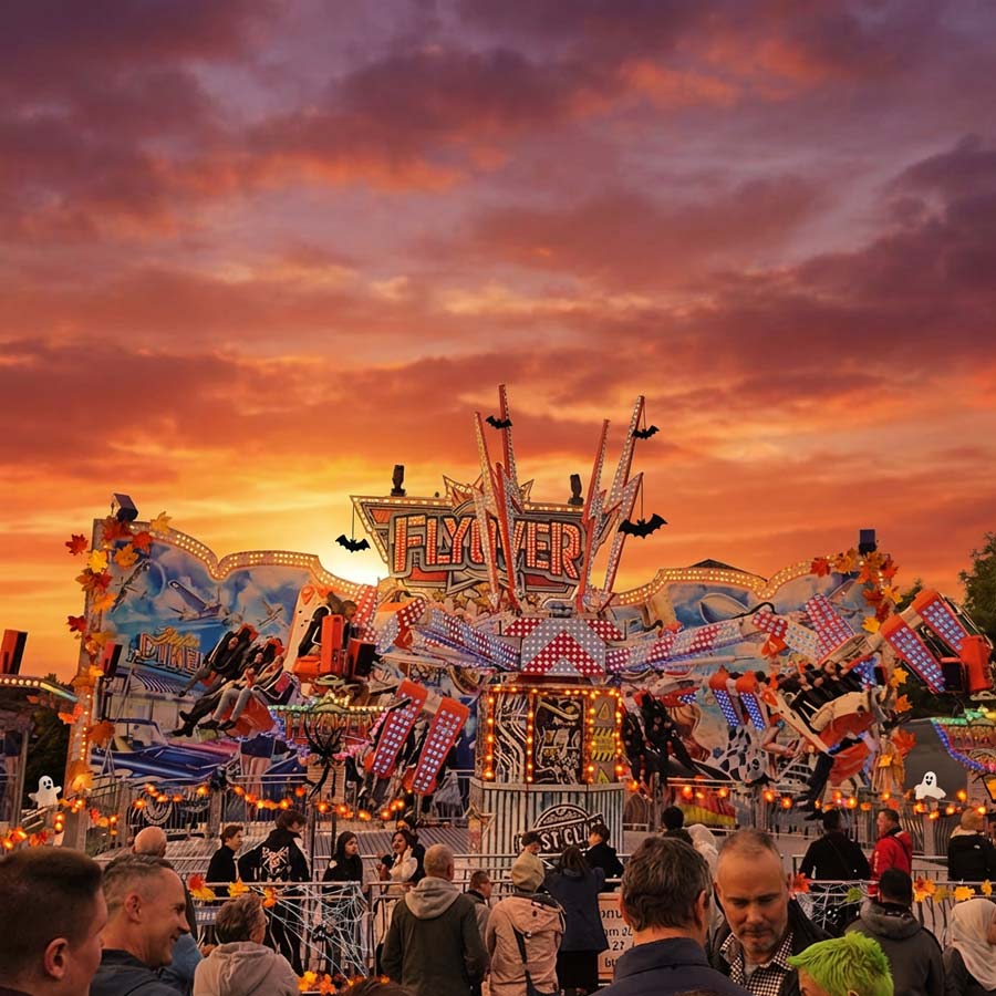 Ein herbstlicher Sonnenuntergang auf dem Herbstfest Rummel