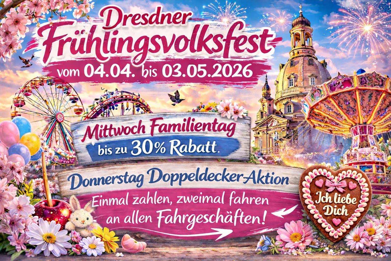 Ein farbenfroh illustriertes Banner zum Frühlingsfest 2026 Dresden