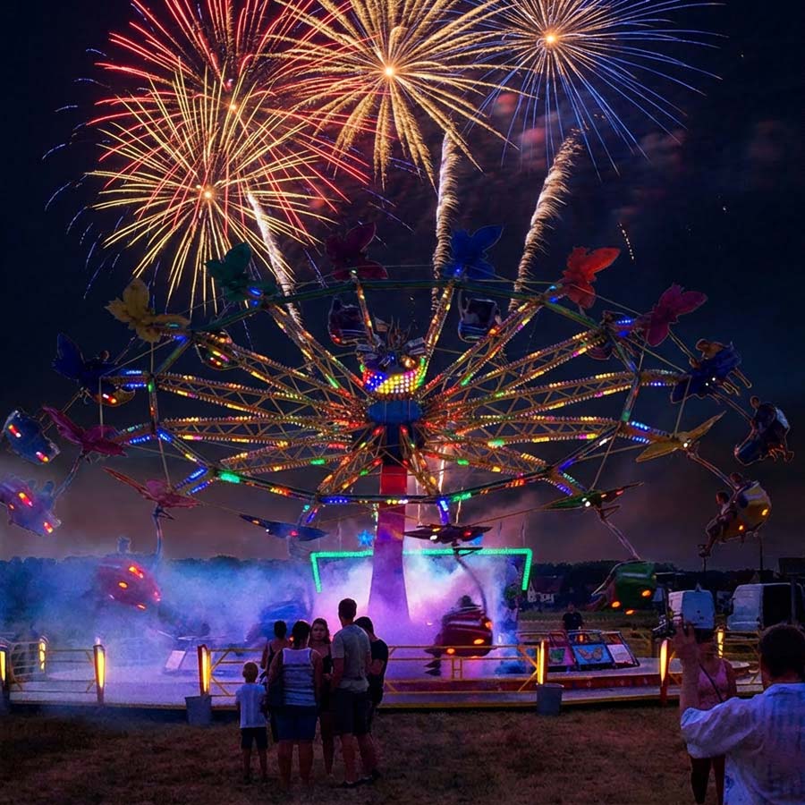 Eine Rummelattraktion auf dem Lorenzmarkt bei Nacht. Im Hintergrund ist ein großes Feuerwerk.